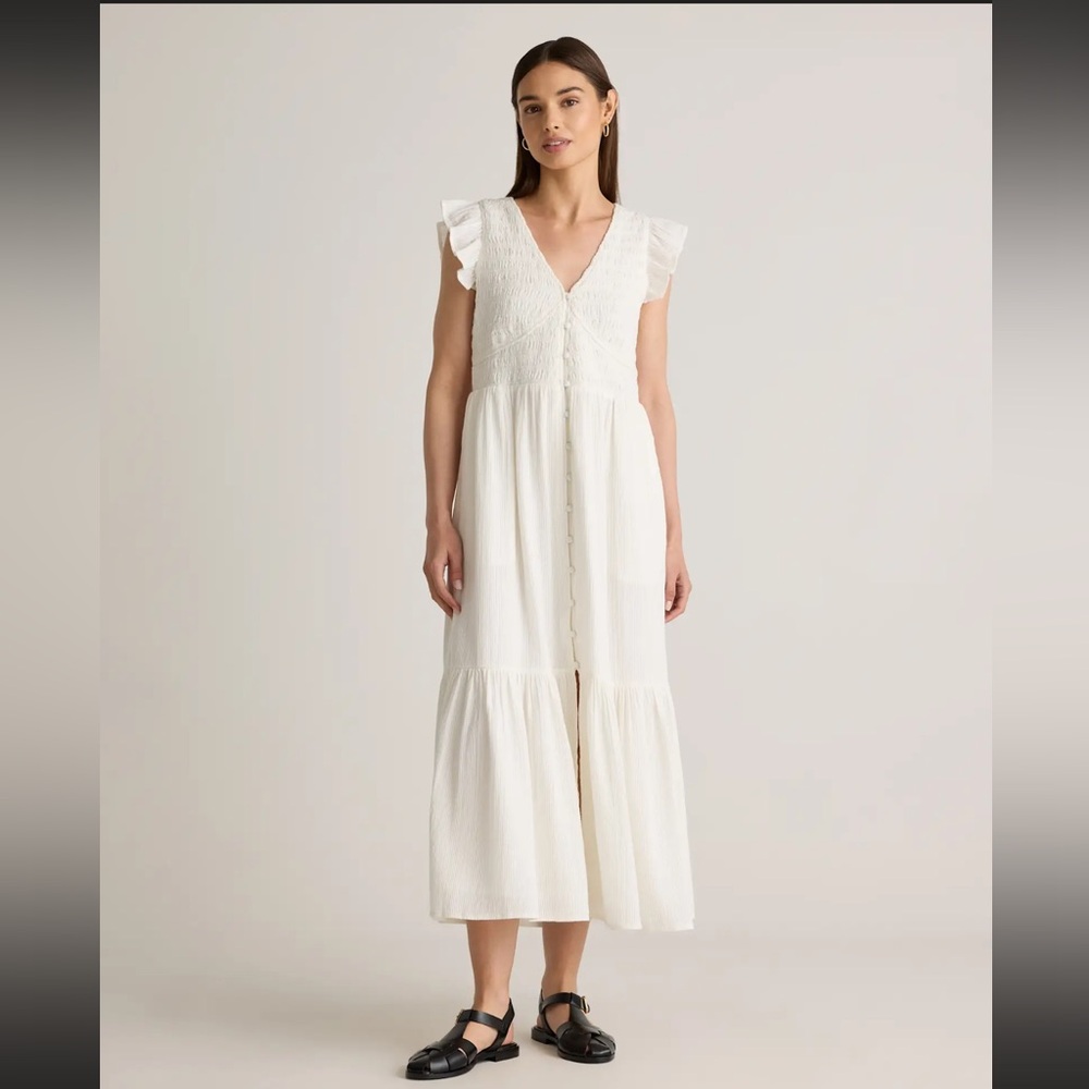 NWT Organic Textured Cotton Smocked V-Neck Midi Dress - White